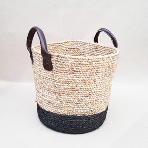 ON SALE - Water Hyacinth Baskets w/ Black Leather - Handle Black