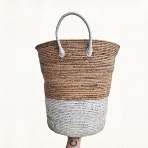 Woven Basket with White Leather Handle